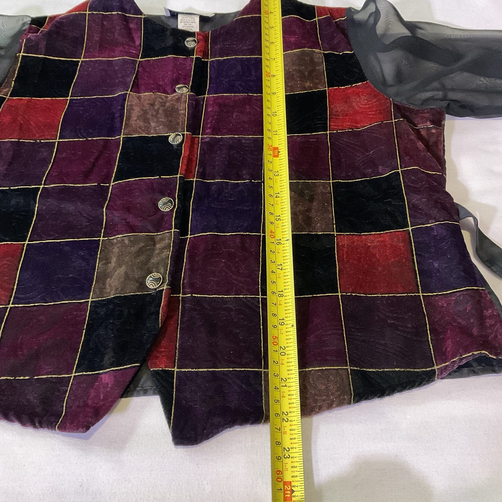 Vtg 90’s Bedford Fair Multicolor Velvet Patchwork Blouse Sheer Sleeves Sz 16P