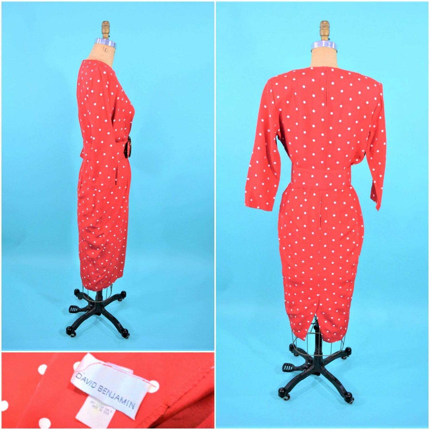 Vintage 1980s Wiggle Dress 50s Style Red Polka Dot Pinup Hourglass W 27″