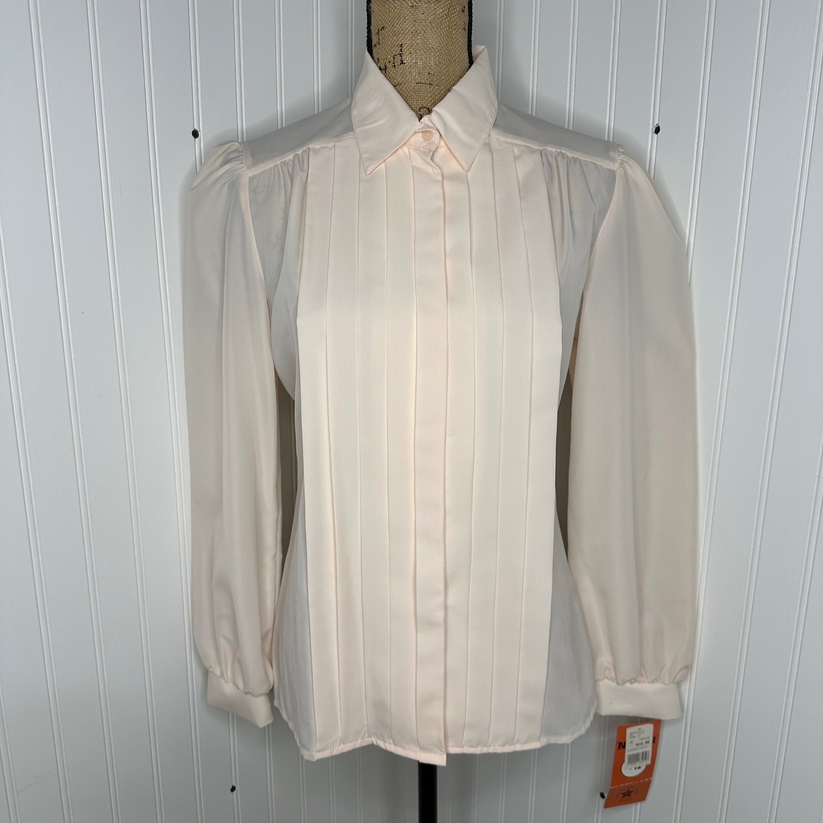 Vtg Nikki Secretary Blouse Peach Pink Pleated Front Puff Shoulder 80s Sz 11/12