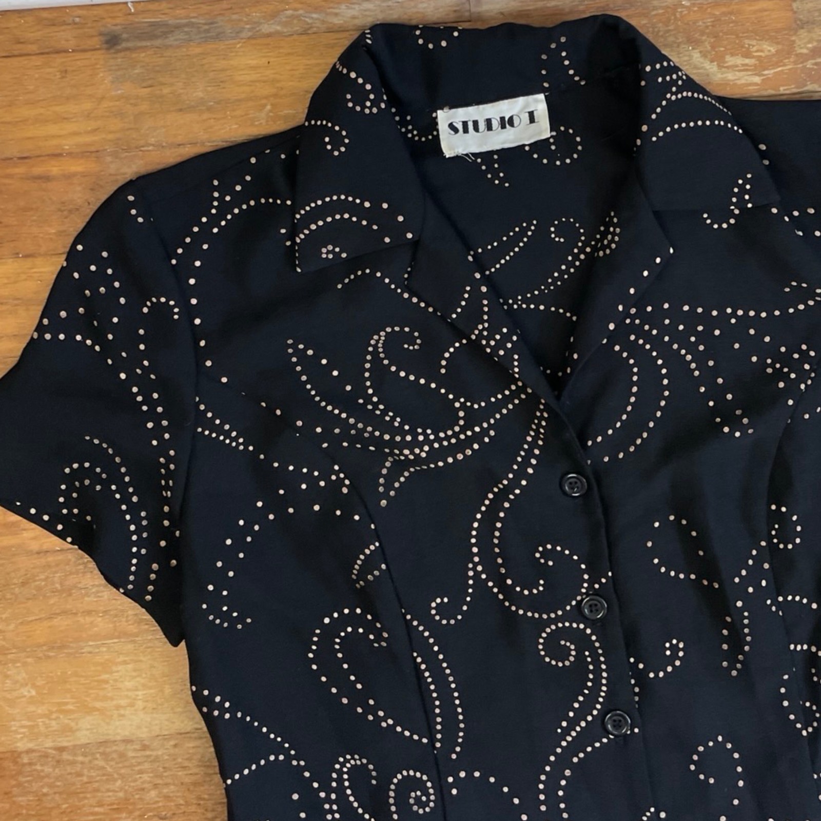 Vintage Maxi Shirt Dress Size Large 90s Black Gold Polka Dot Paisley Shirtdress