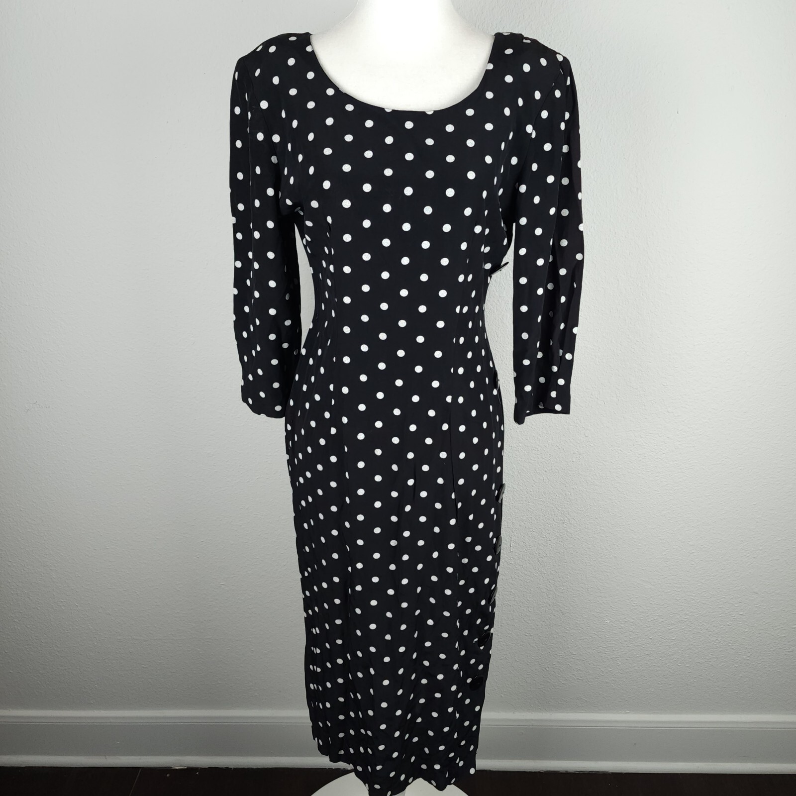 Vintage 80s 1940s DiamondsRun Black White Midi Pencil Dress Long Sleeve PolkaDot