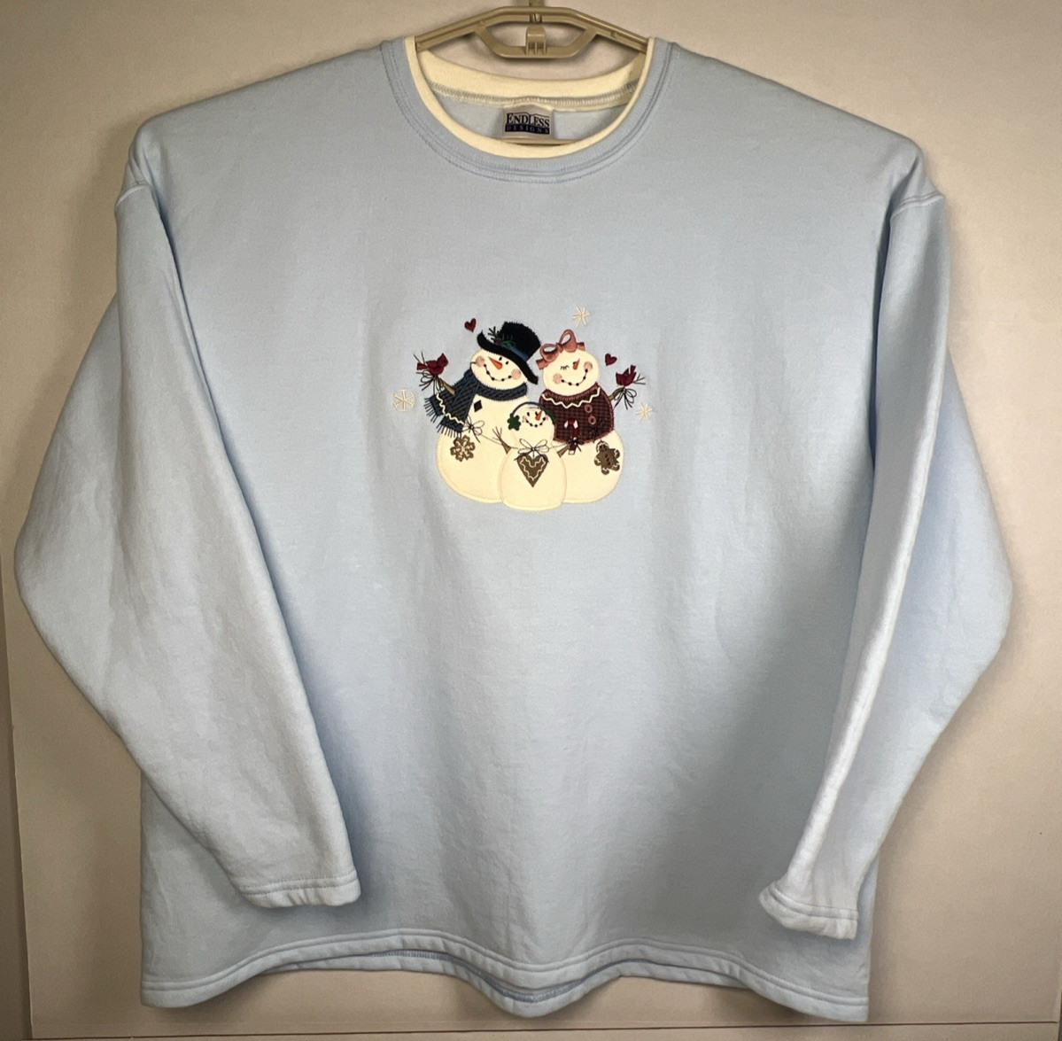 90s Endless Designs Snowman Sweatshirt XL Light Blue Embroidered Winter Holiday