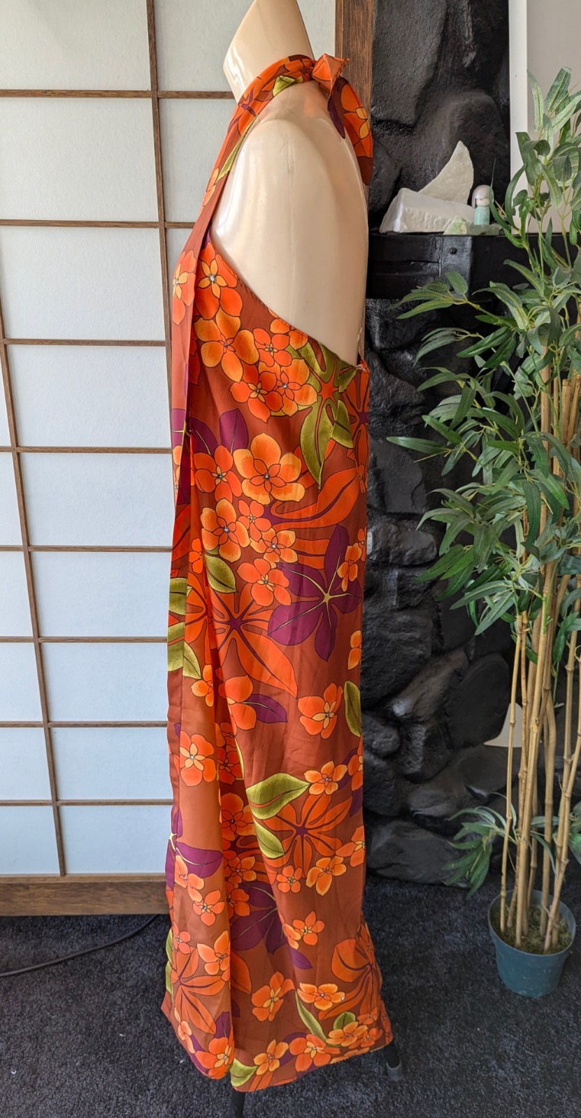 Vtg 1970s Pomare Tahiti Hawaiian Sarong Wrap Halter Dress Bright Orange L/XL