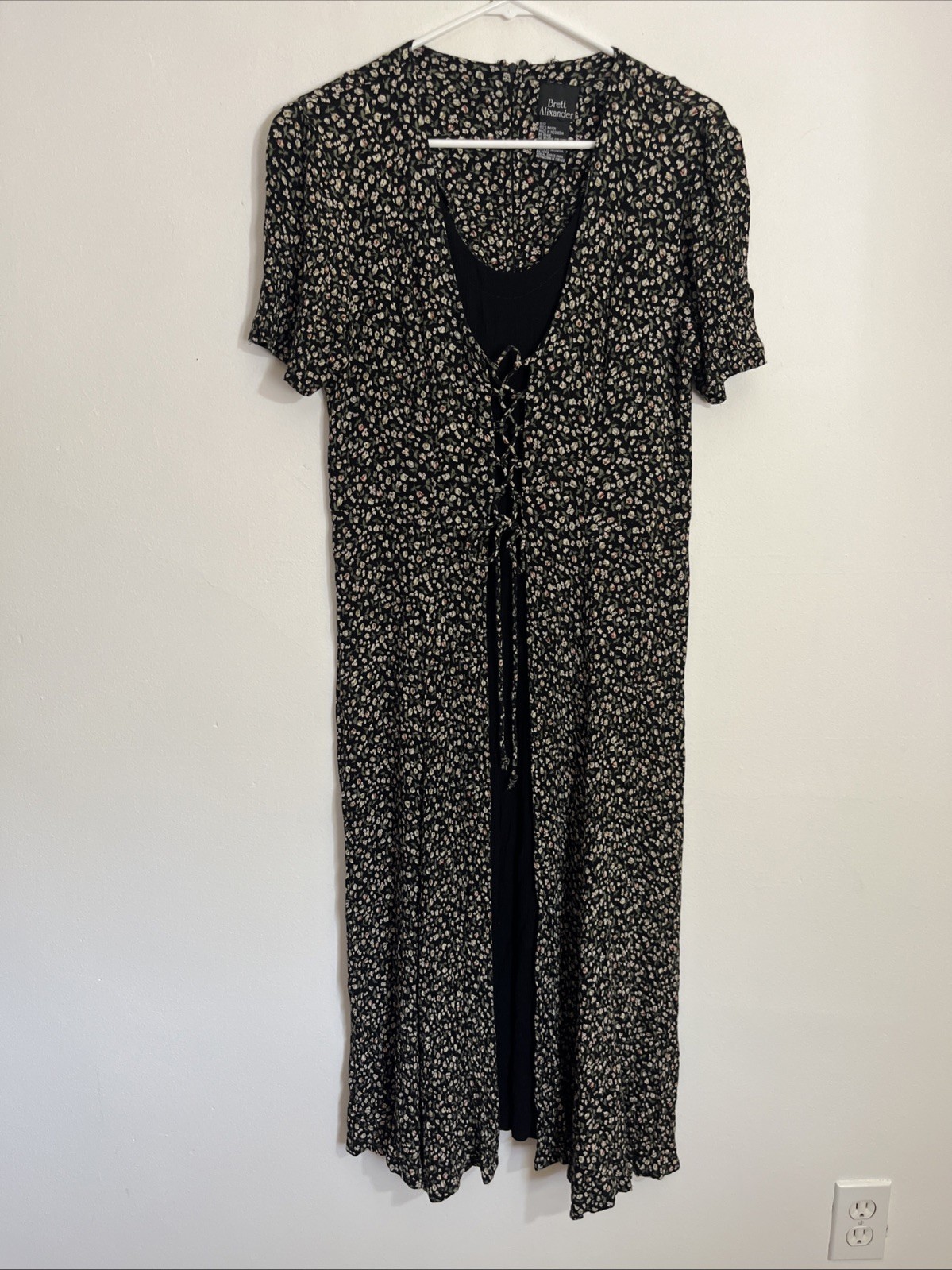 Vintage Brett Alixander Dress 11/12 Corset Tie Front Black Floral Red Green