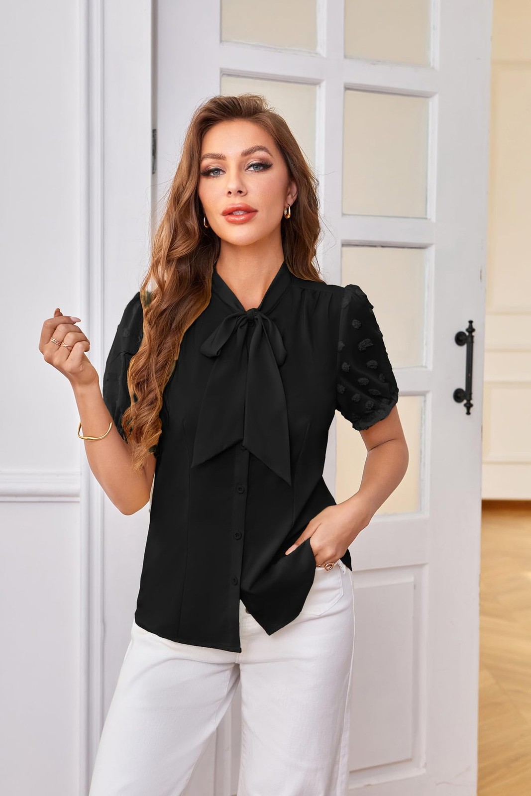 Belle Poque Womens Mesh Puff Sleeves Blouses Vintage Bow Tie Business Tops | …