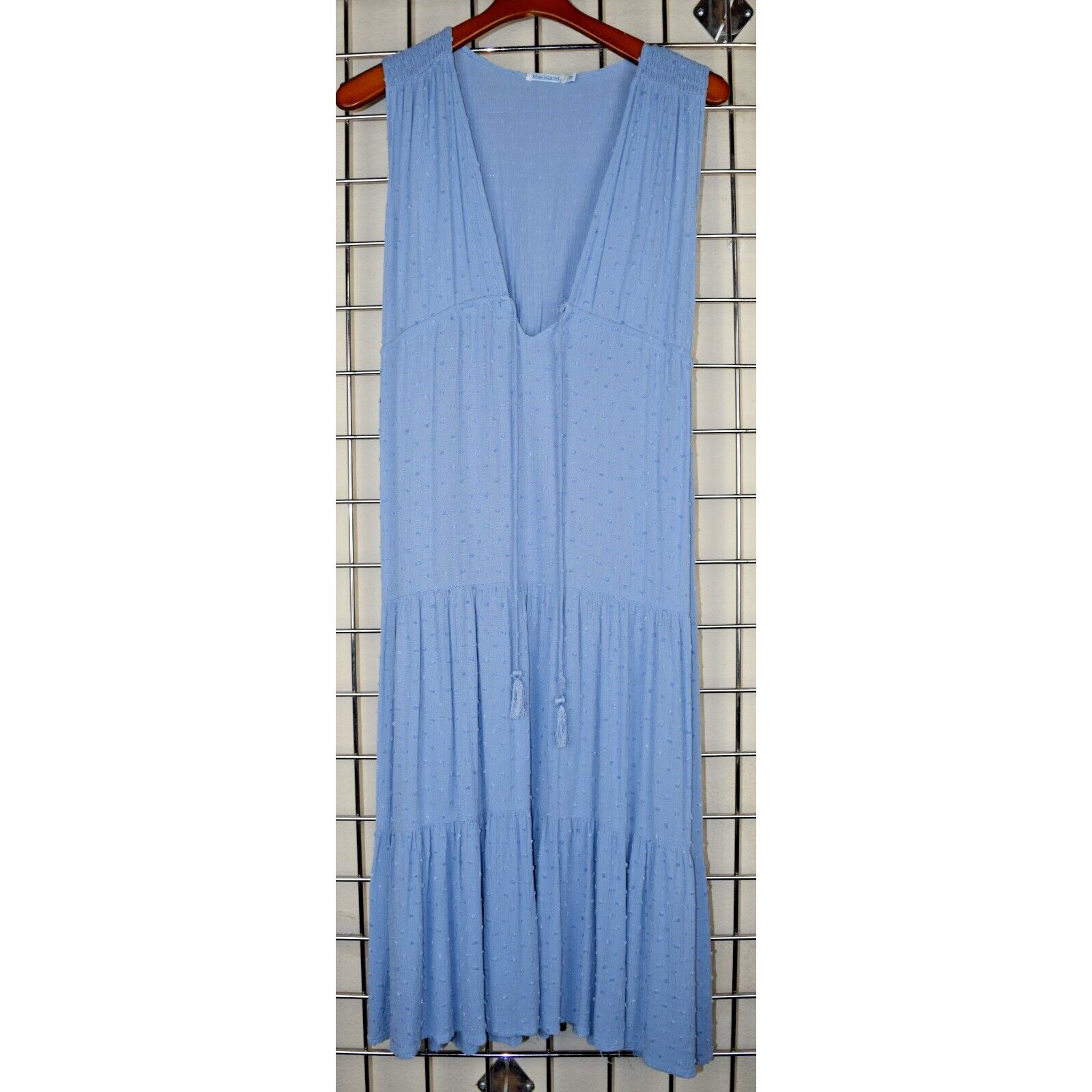Vintage Sleeveless Dress Blue Island Size S/M 90s Rayon Tiered Textured Bust Tie