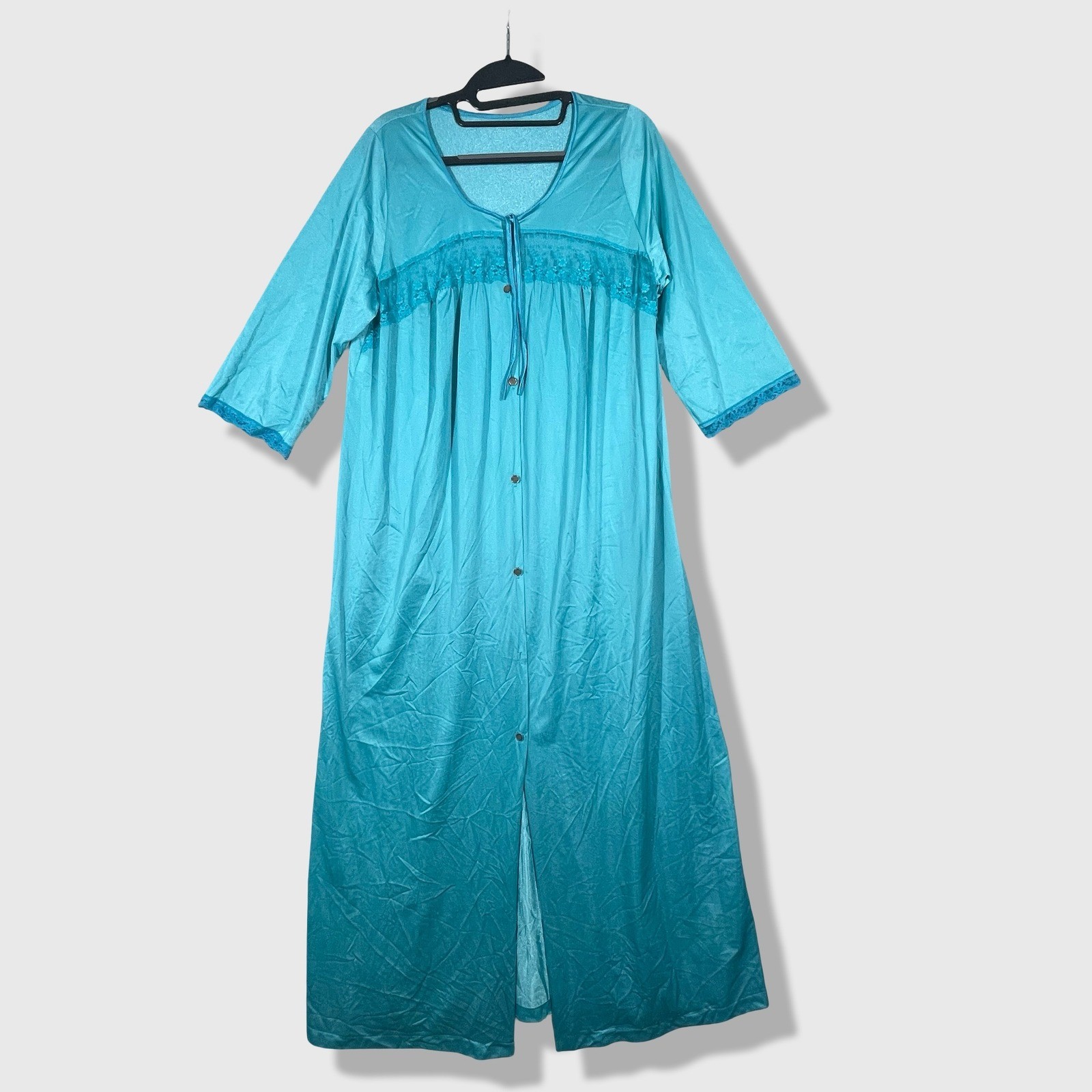 J.C. Penney Nightgown Women Large Teal Blue Vintage Lace Trim Robe Loungewear