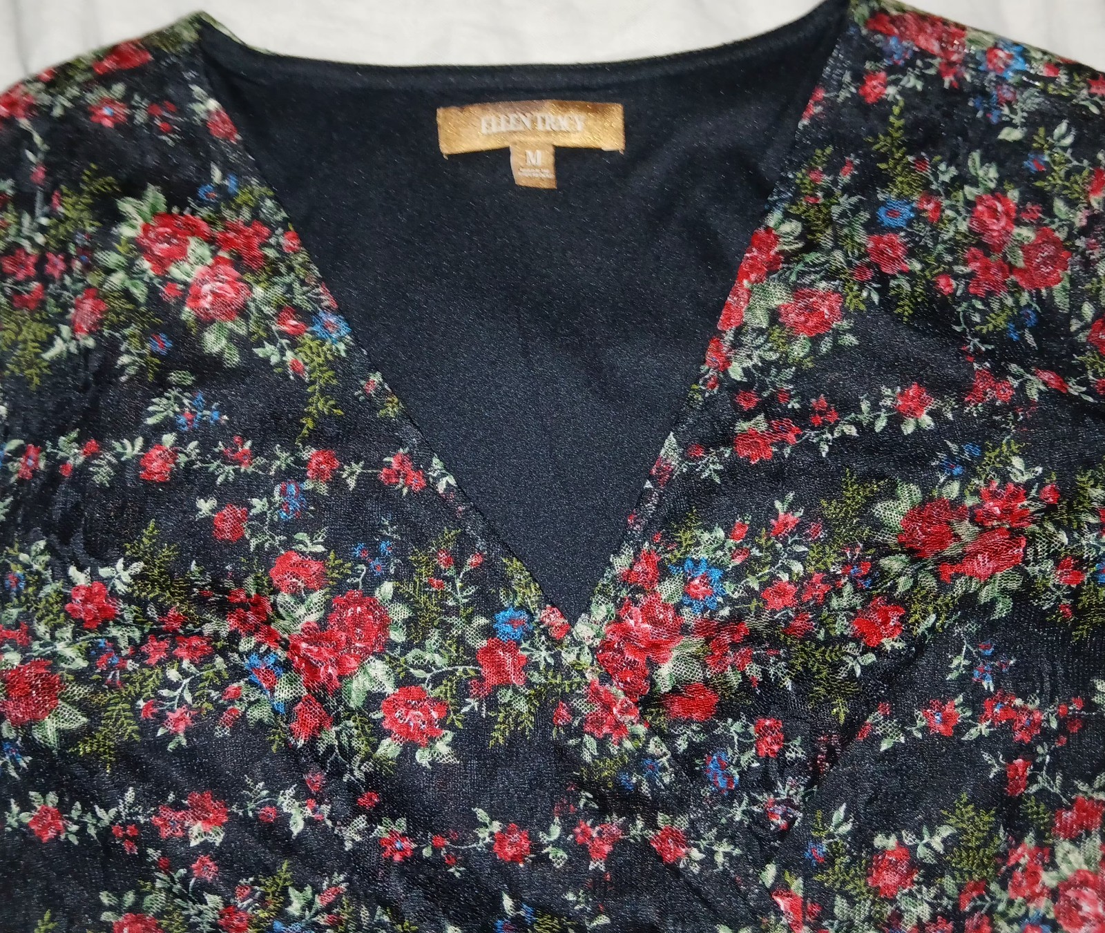 Vtg Y2K Dark Romantic Floral Top Sz M Black/Red 3/4 Sheer Sleeves Gothic