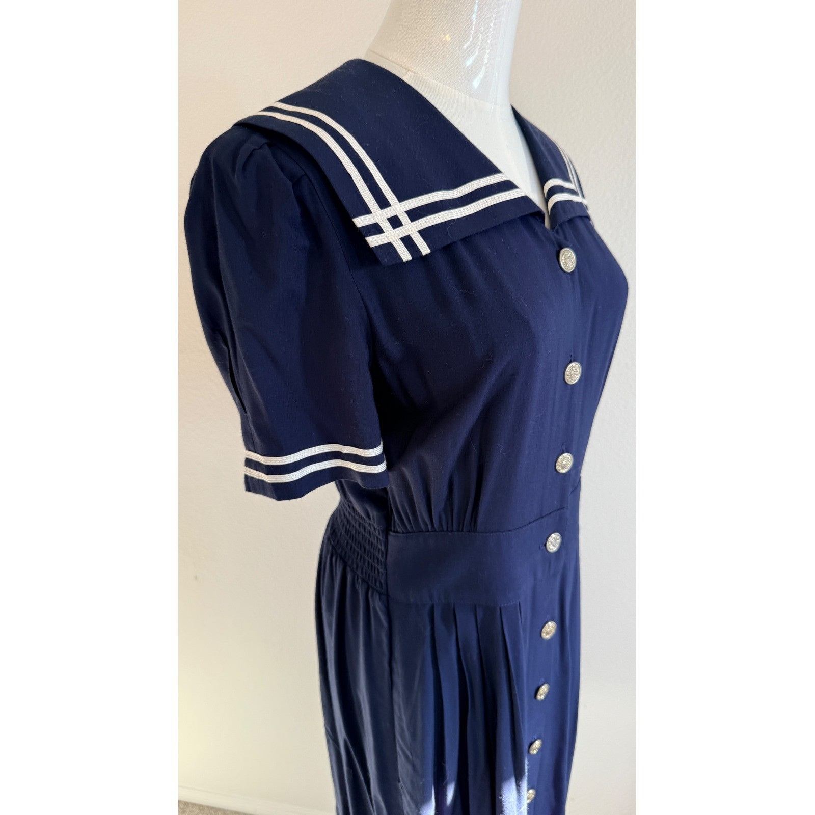 Navy Blue Sailor VTG Dress Crest Buttons 8P Nautical Rockabilly 80s does 40s