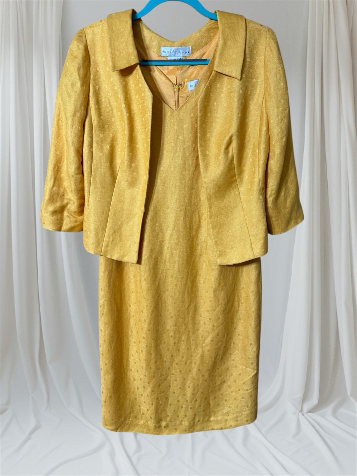 VTG Miller Shor Yellow Polka Dot 2 Pc Set Dress & Jacket Linen Rayon (1 Dot) XS