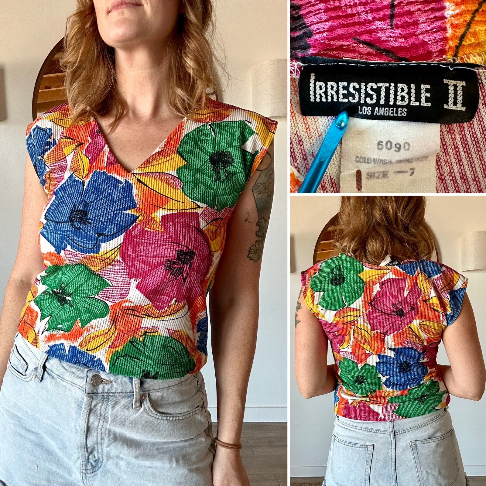 VTG 70’S IRRESISTIBLE II TROPICAL COLORFUL FLORAL PRINT CAP SLEEVE TOP S-M