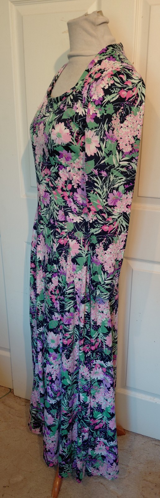 Vintage 70s Long Floral Polyester Dress Pink Purple Green Talbots B34