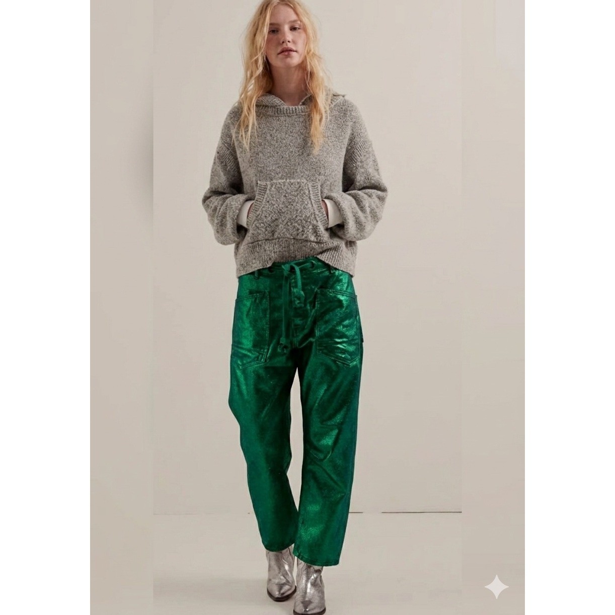 Free People OOAK Green Metallic Moxie Barrel Jeans Size 27/28 NWOT One of a Kind