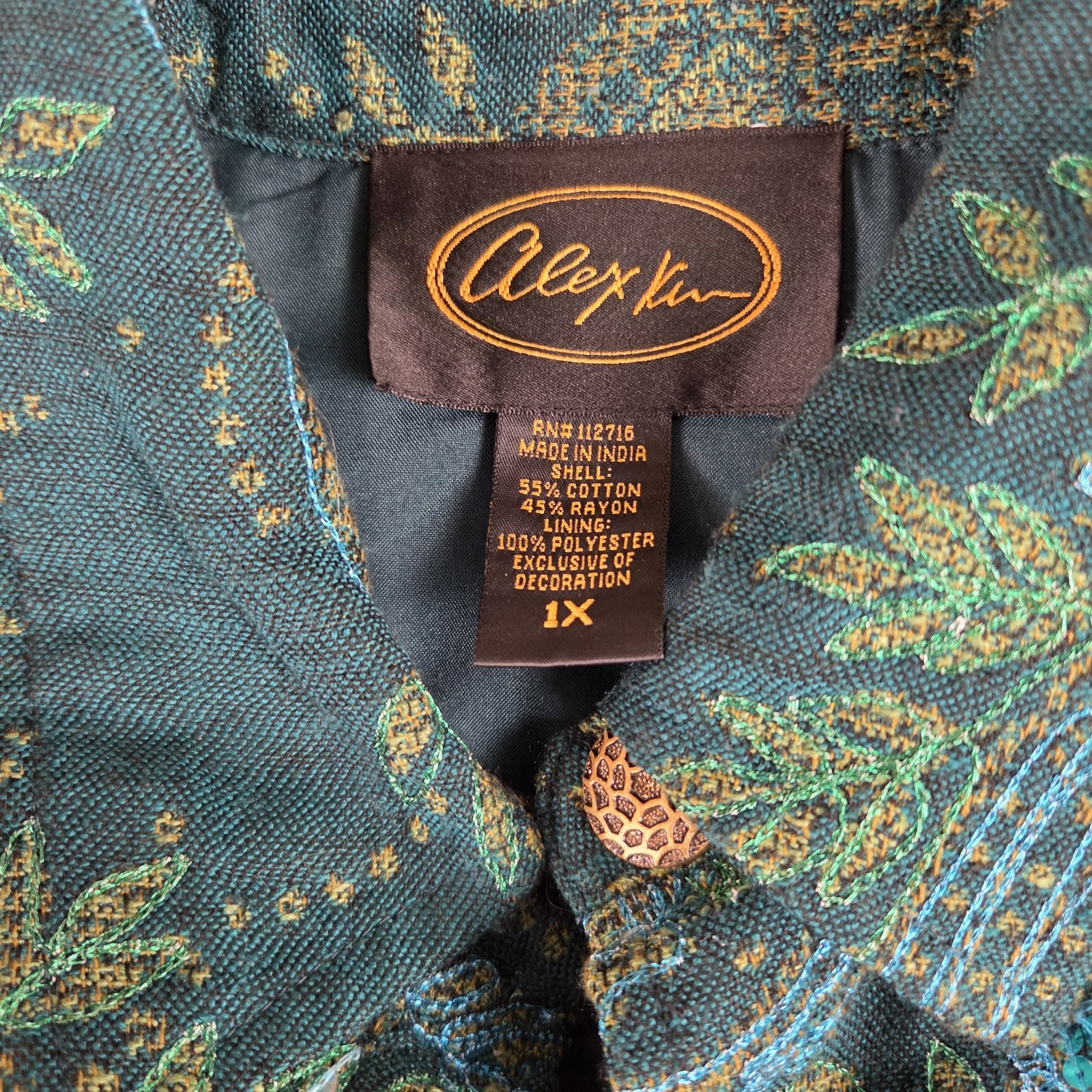 Alex Kim Green Paisley Peacock Jacket Boho Size 1X