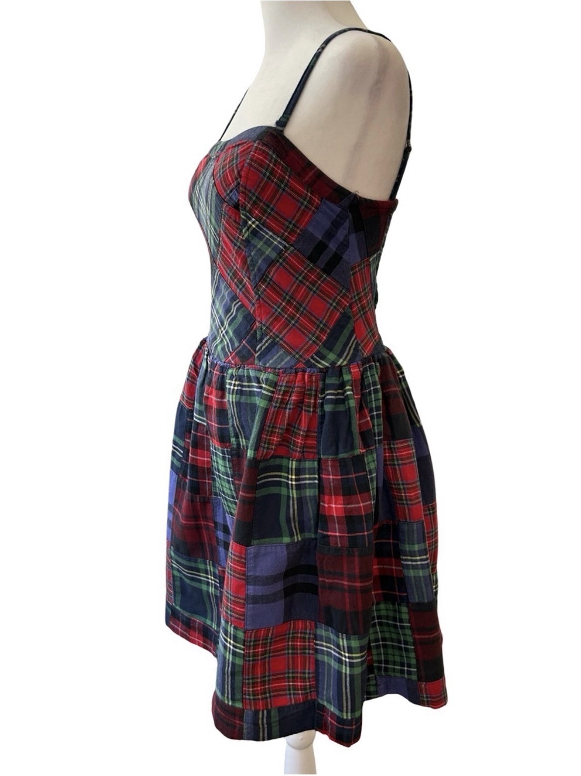 VTG 90s Grunge Plaid Patchwork Spaghetti Strap Dress Tartan Punk Indie Mini M