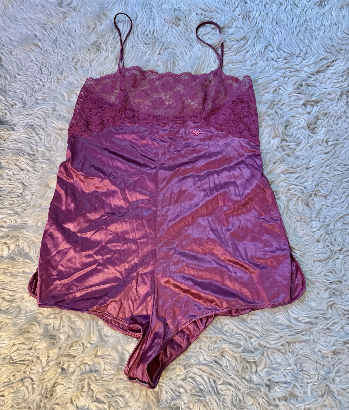 VTG DVF Diane von Furstenberg Teddy Bodysuit Lace Tap Shorts Burgandy RE 7 S