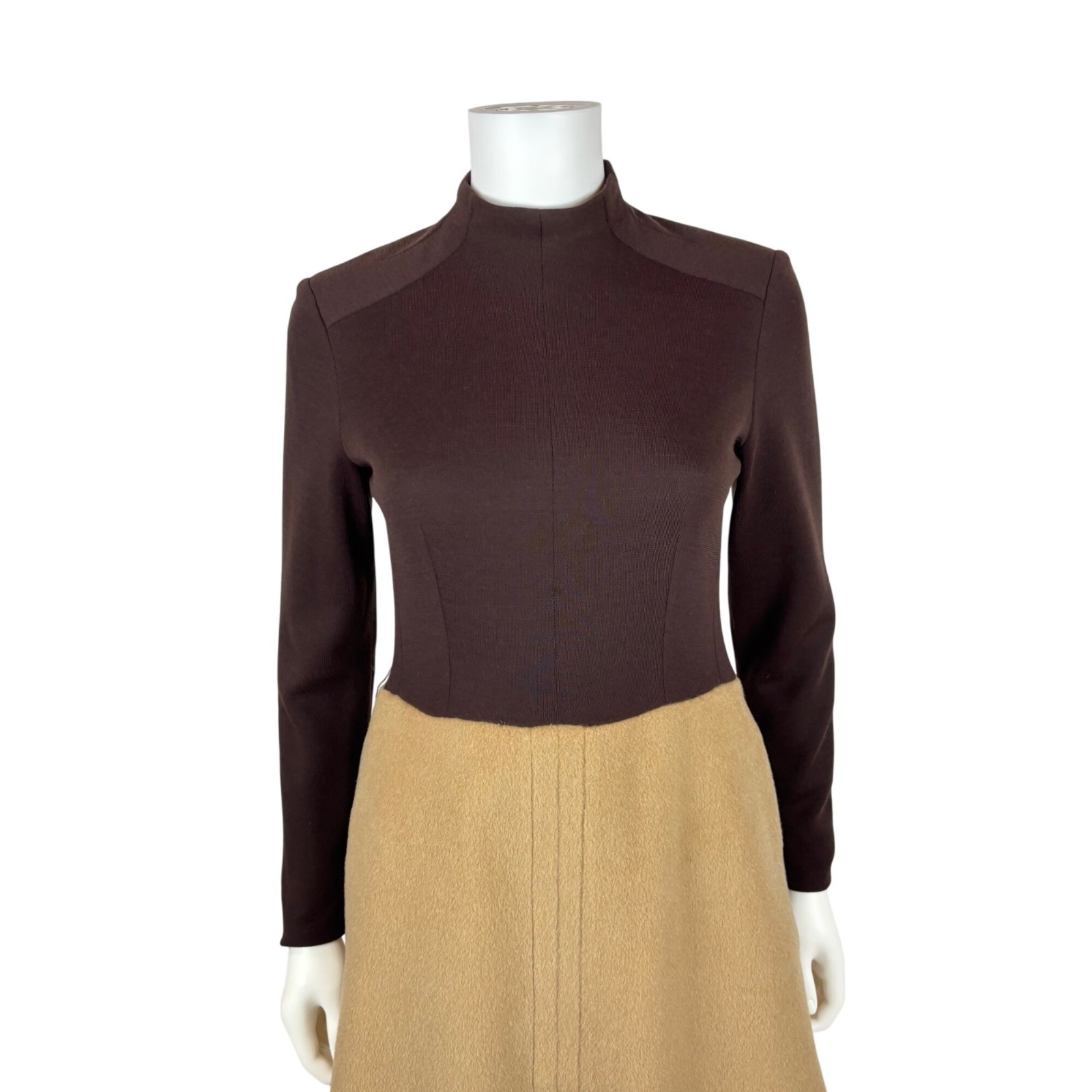 Vintage 60s Mod Dress Womens Small Wool Blend Brown Beige Knee Length Mockneck