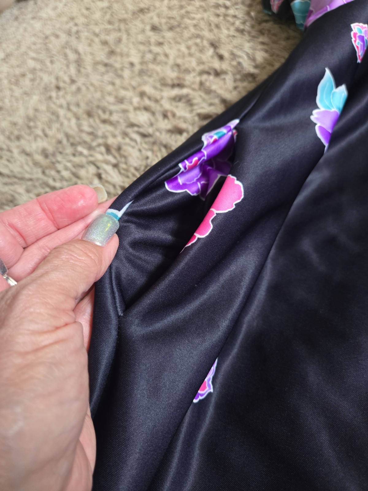 Granada Vintage Zip Front Caftan Robe Black Floral Maxi USA One Size Pocket