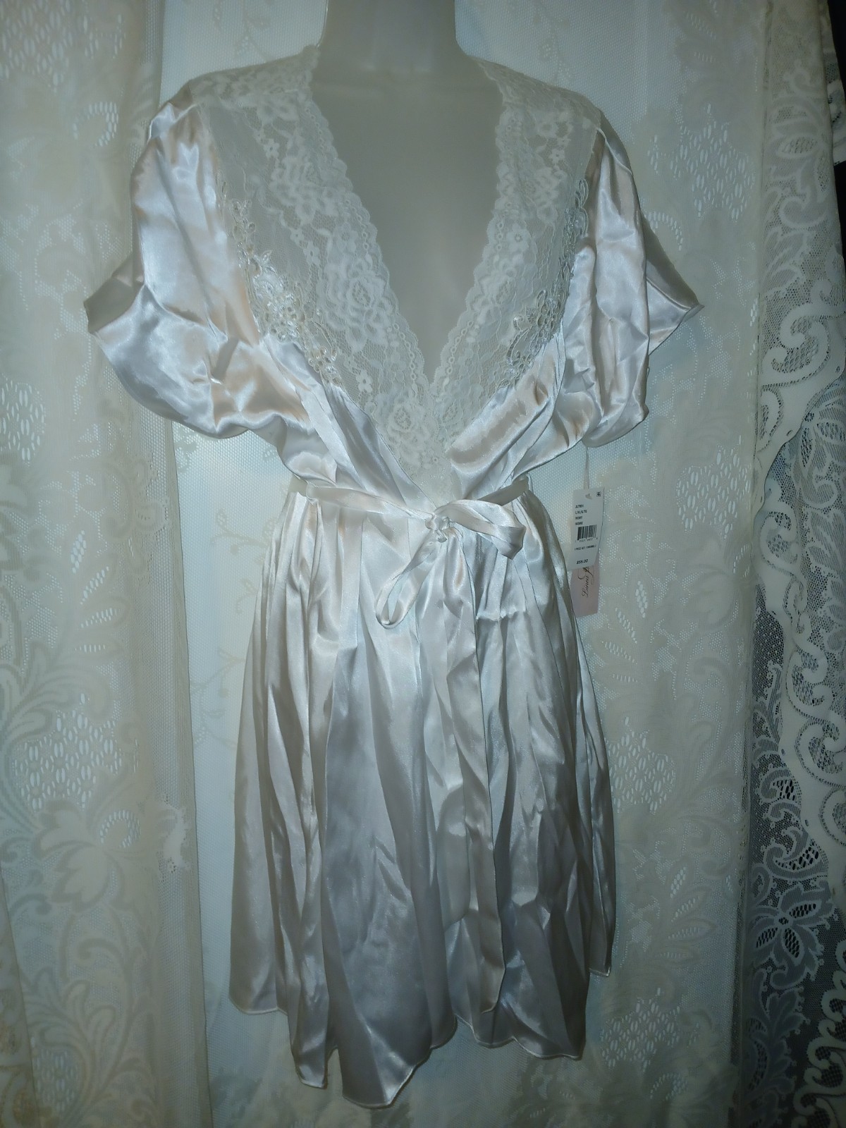 Vintage Linea Donatella White Liquid Satin Sequin Pearl Bridal Robe XL NWT