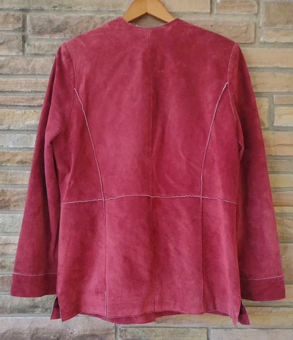 Vintage 90s Dark Red Suede Leather Patchwork Jacket L Boho Raw Edge Excellent