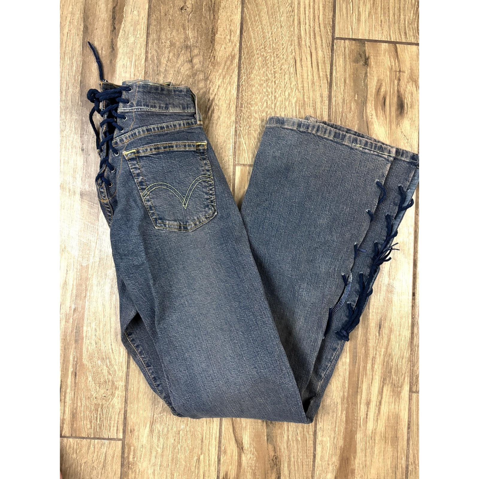 Statement Western Beaded Lace Up Flare Jeans Y2K OOAK Festival Denim