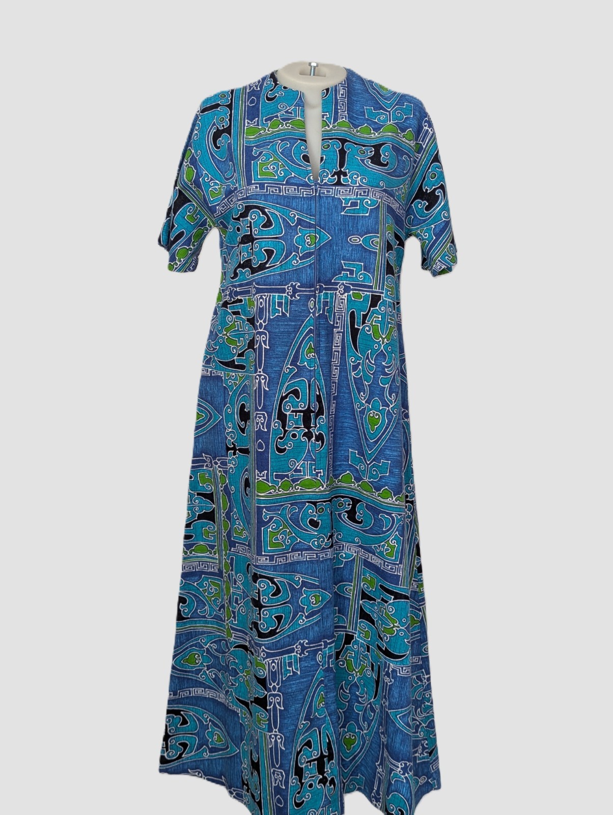 Vtg 70s Two Potato Tribal BARKCLOTH Angel Wing Boho Dress – Blues Greens MEDIUM