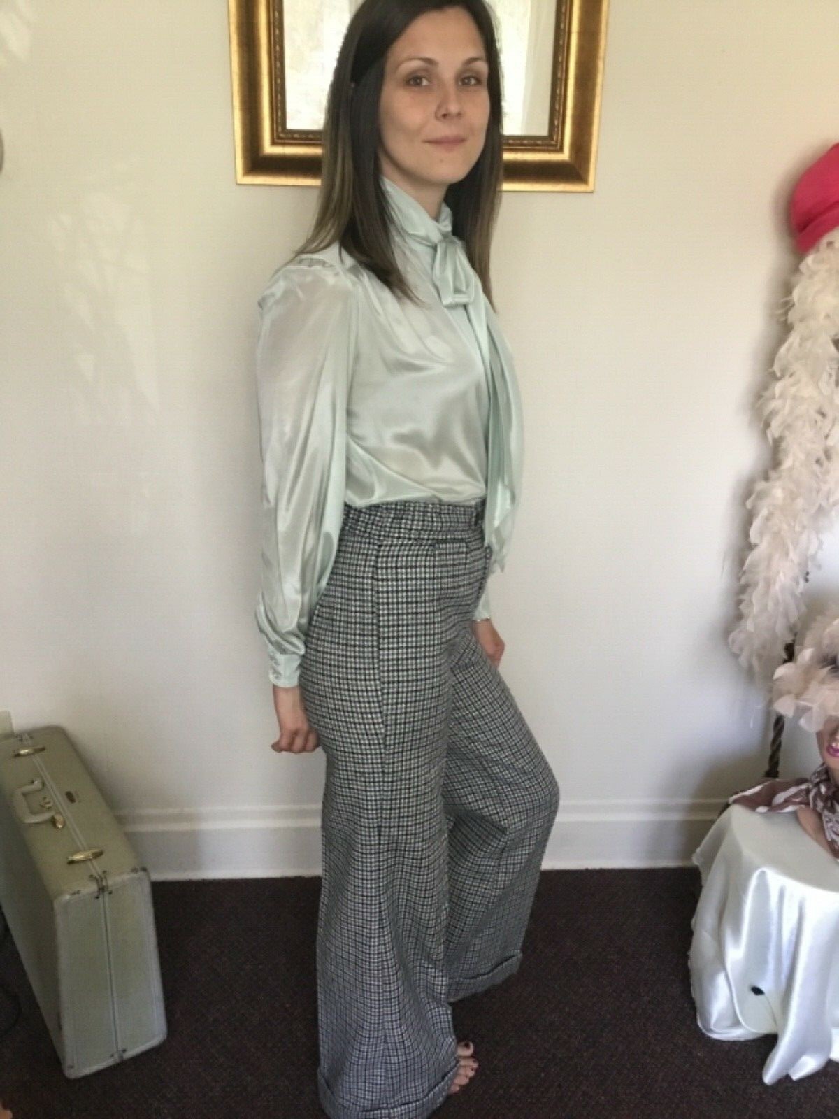 60’s Vintage Ivory Hi Rise Black Gray Hound’s-tooth Bell Bottom Pants