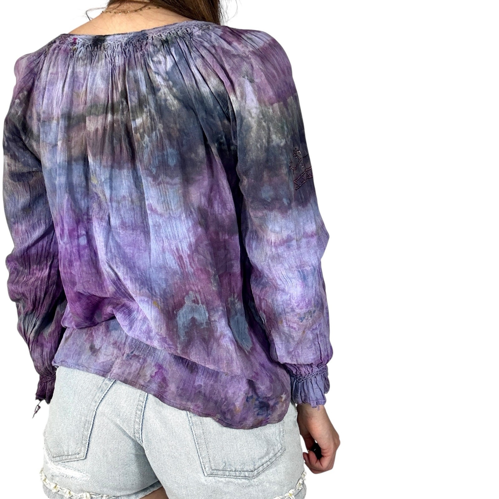 Vintage 1970s Hand Dyed STAR OF INDIA Cotton Smocked Boho Blouse