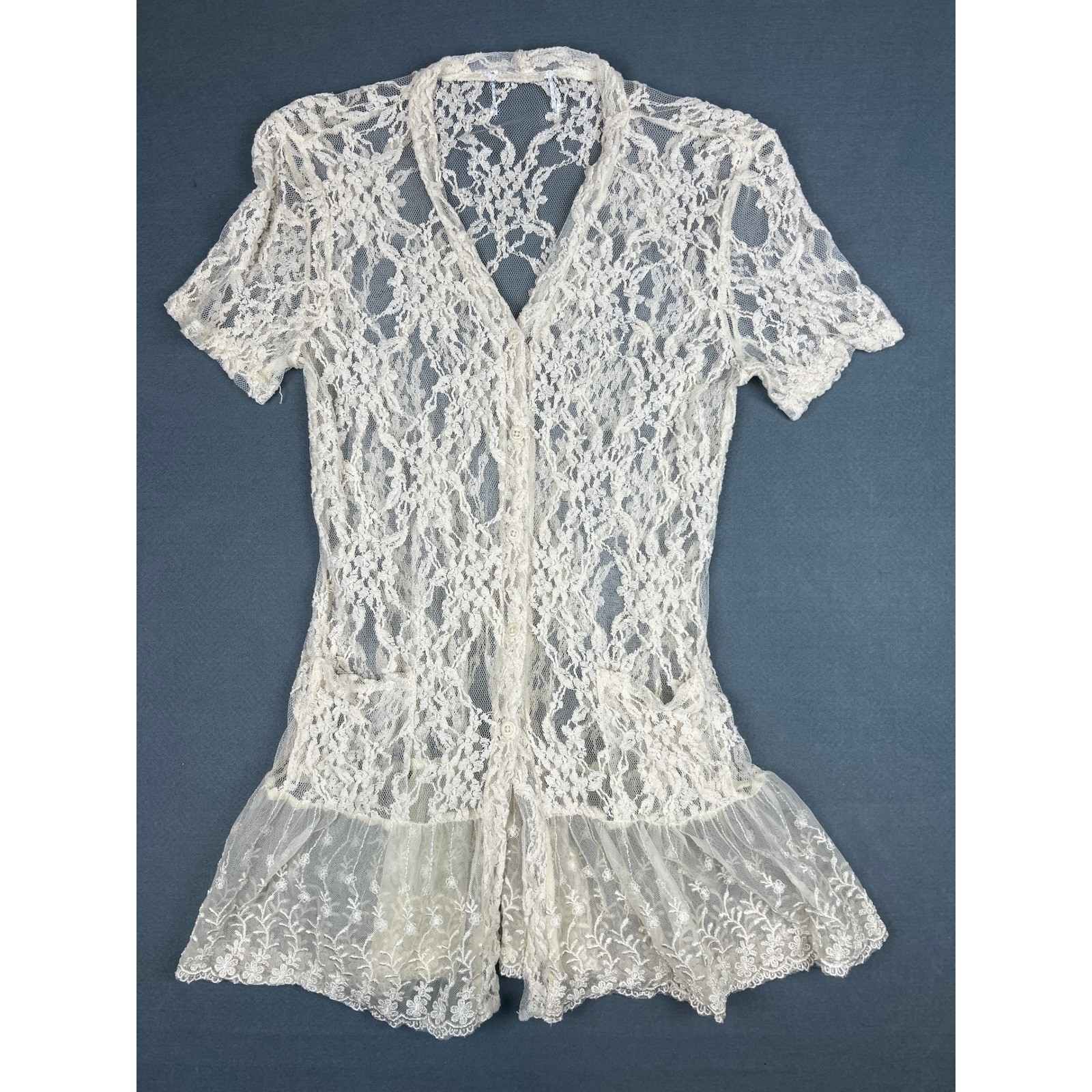 Vintage Sheer Lace Peplum Top Fairy Grunge Romantic Goth Cream Nylon XS