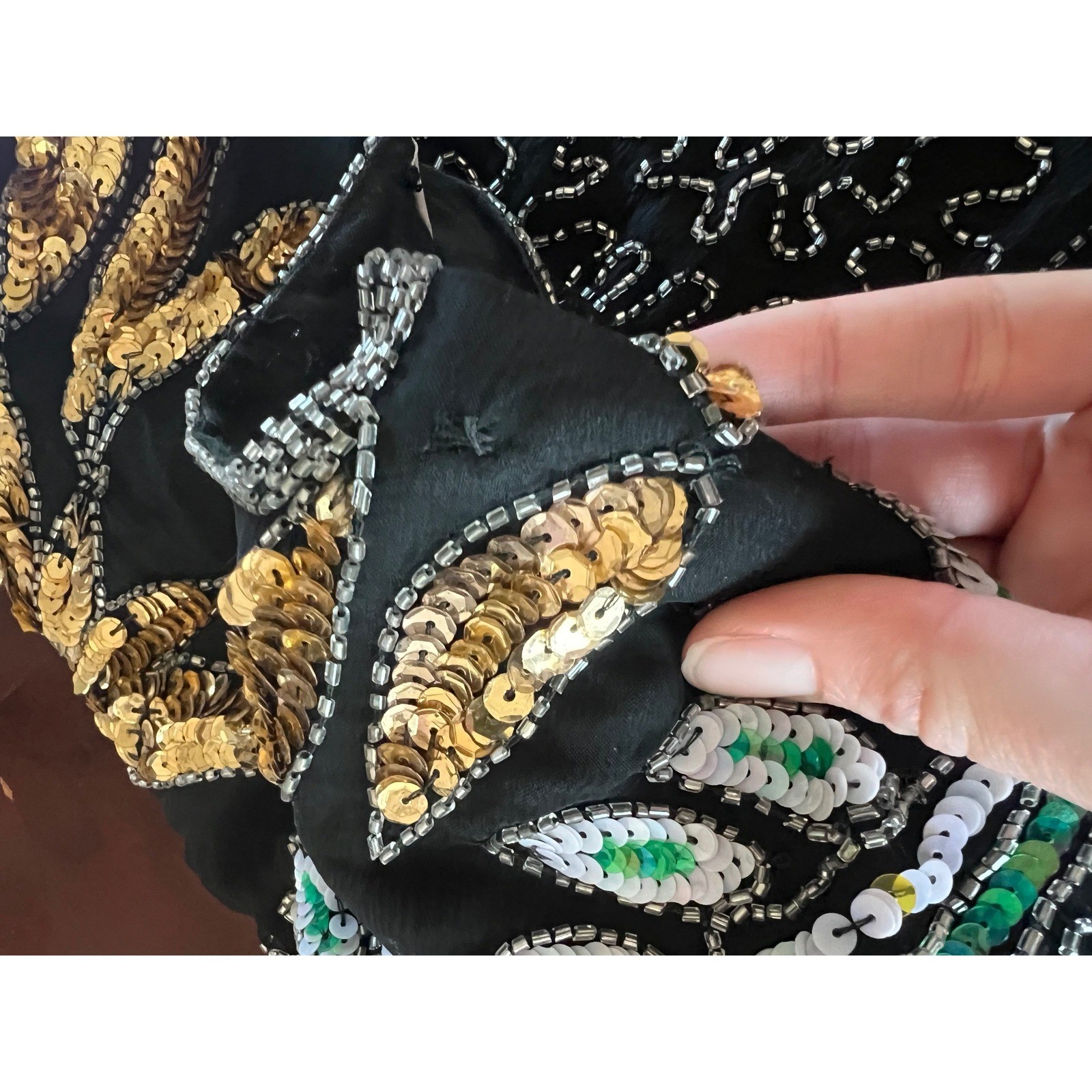 Carina Vintage Pure Silk Beaded Sequin Top Black Gold Silver Flapper Gatsby L