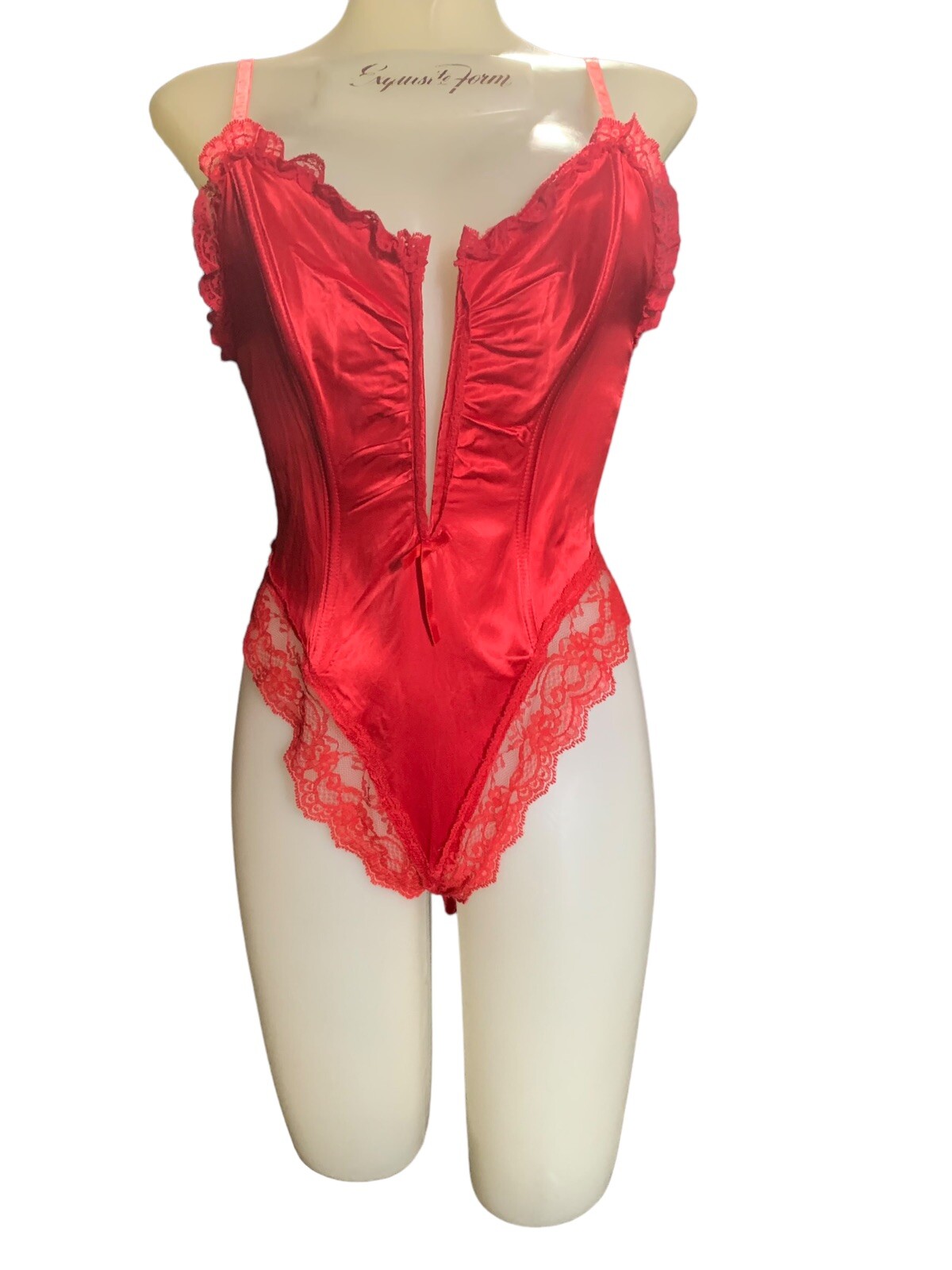 VTG E Bole GLOSSY Lipstick Red Satin Spandex TEDDY Bodysuit Bra PANTY Med Lace