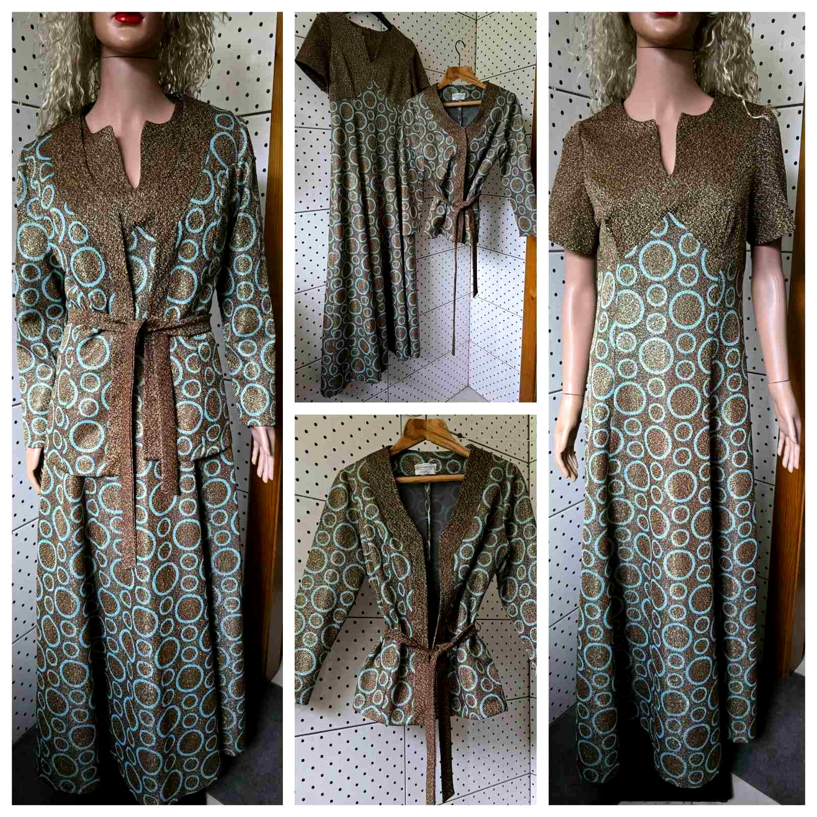Vintage 70s HEATHNIT Jersey Wear Evening Crimplene Set Maxi Dress Blazer Size 40