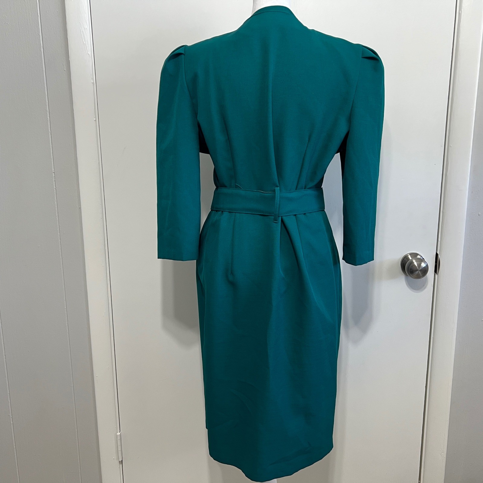Whirlaway Frocks Vintage 80s Power Dress Size 10P Teal Green Belted Made in USA