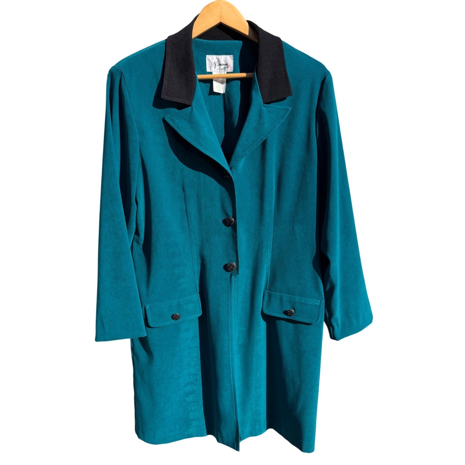 Vintage D.J. Summers Teal Blue Longline Blazer Coat Black Collar Size 14