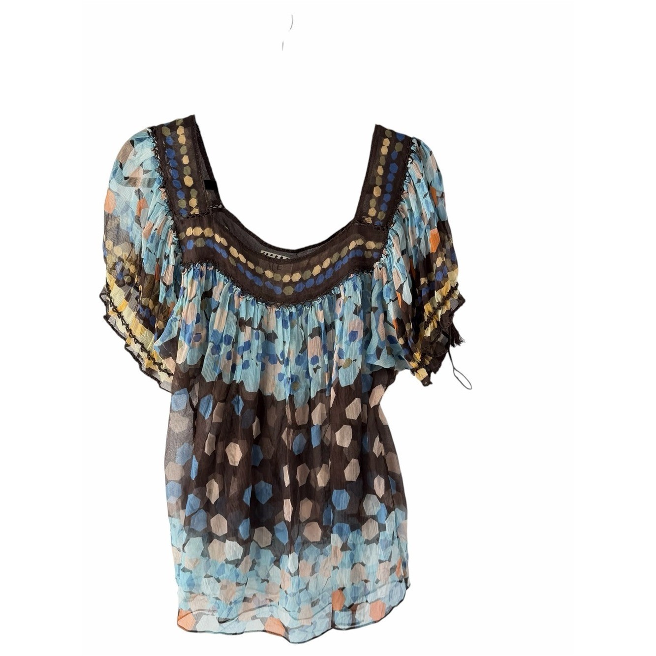 Ice Silk Vintage Y2K Geometric Sheer Flutter Sleeve Blouse Boho Whimsycore S XL