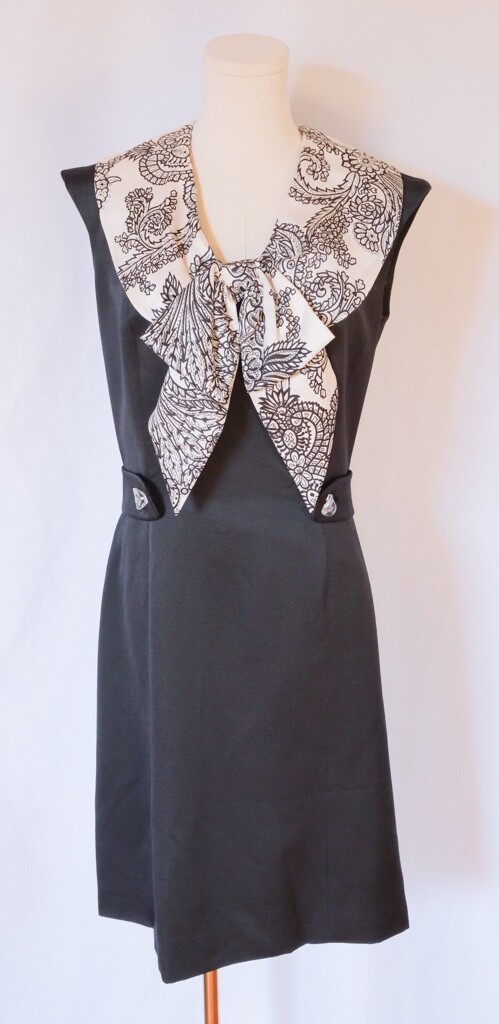 Vintage 60s Mod Black & White Scarf Silk Dupioni Shift Dress Mid Century Office
