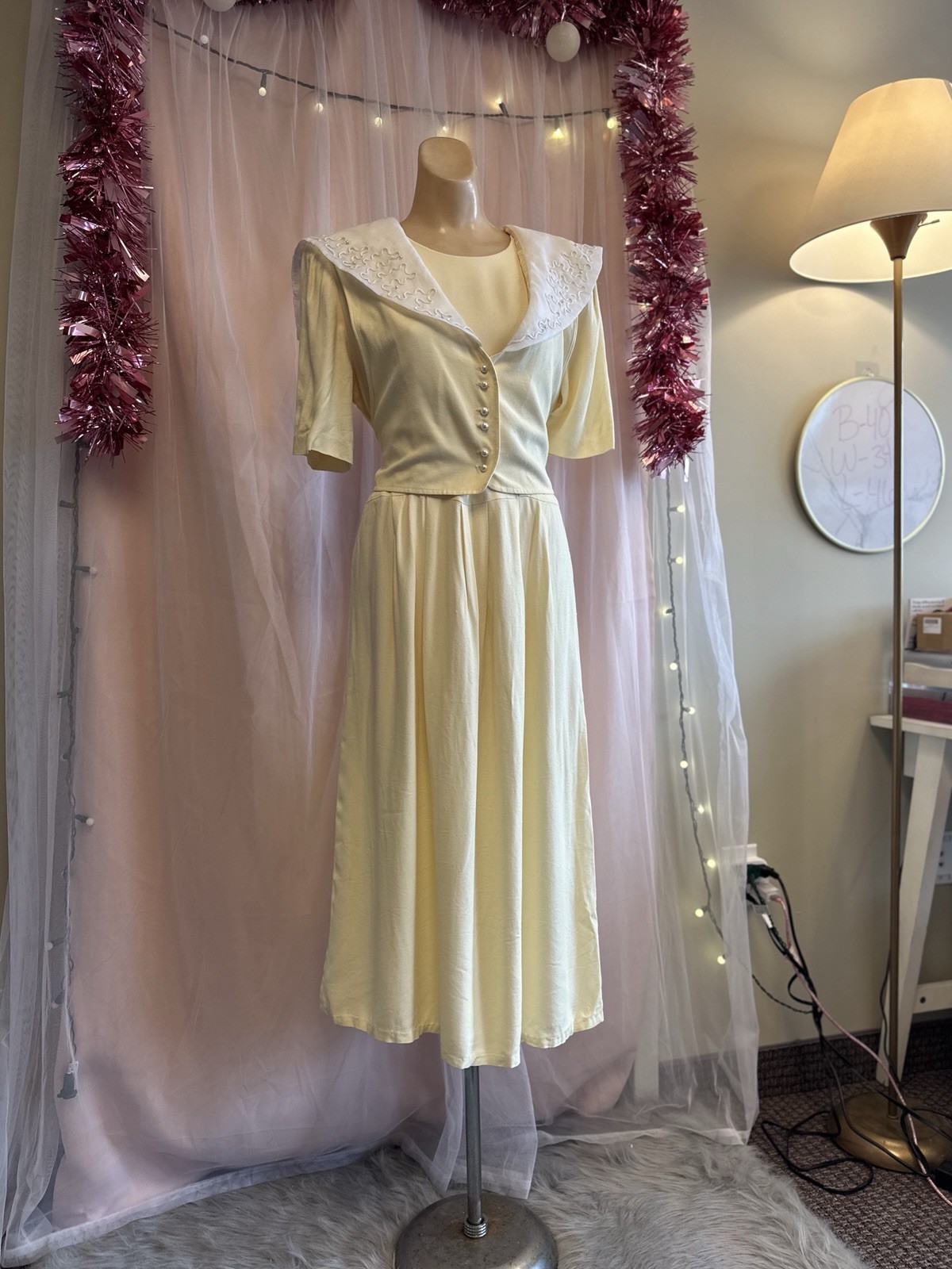 Vintage 90s Cottagecore Maxi Dress Yellow Tie Back Big Collar Grunge Boho M/L