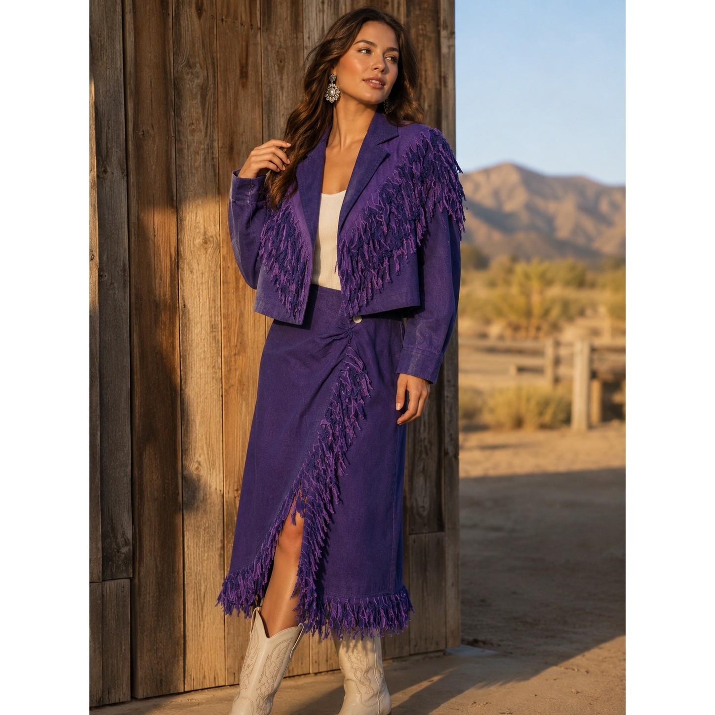 Vintage Circle T Western Fringe Jacket and Skirt Set Purple Denim Rodeo Womens