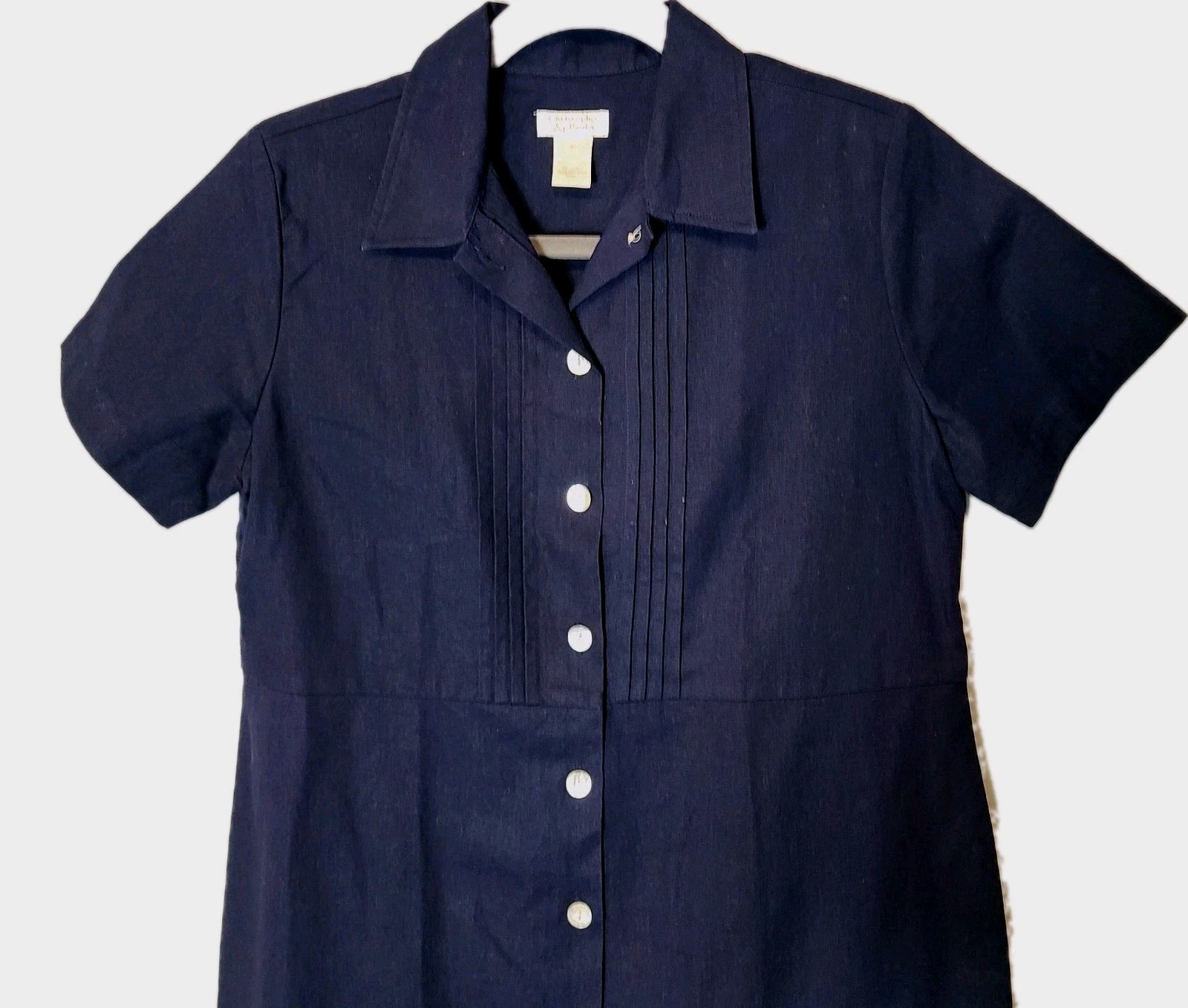 Vtg 90s Minimalist Shirt Dress Luxury Linen Sz 12 Preppy Classic Tailored Navy