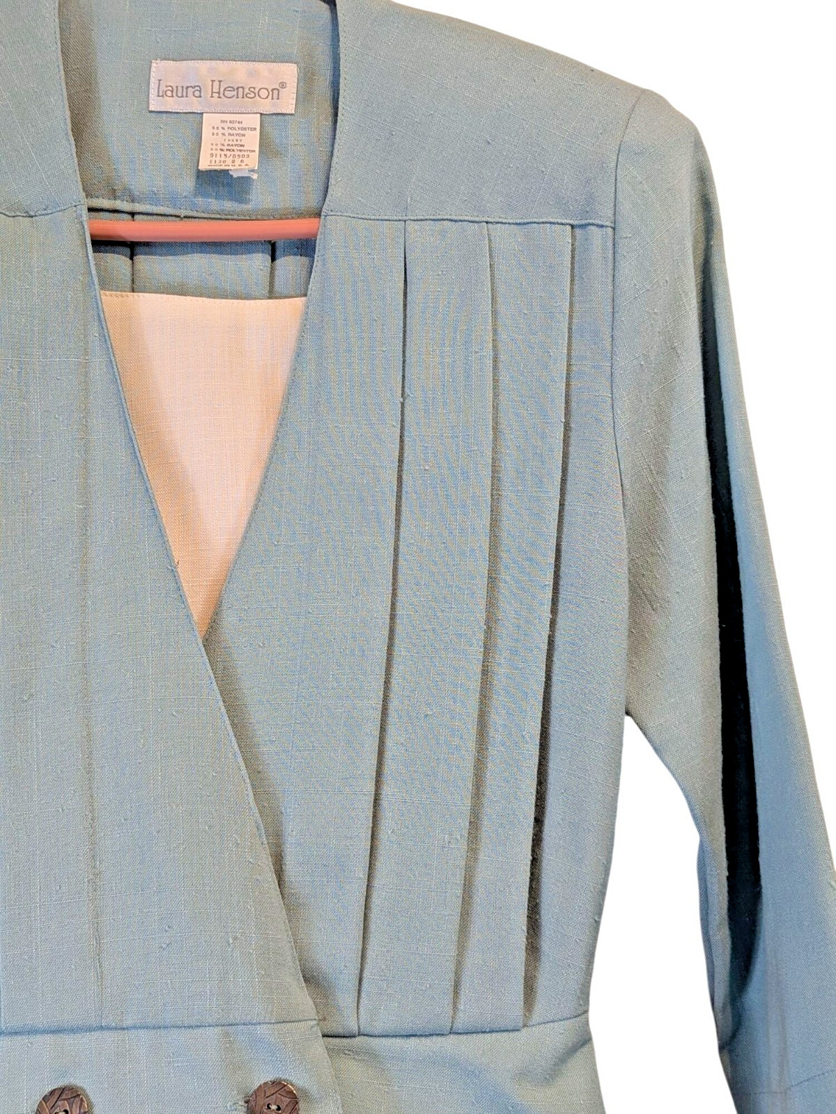 Vintage Laura Henson Women Dress Suit Size 6 Green Pleated Skirt Shoulder Pads