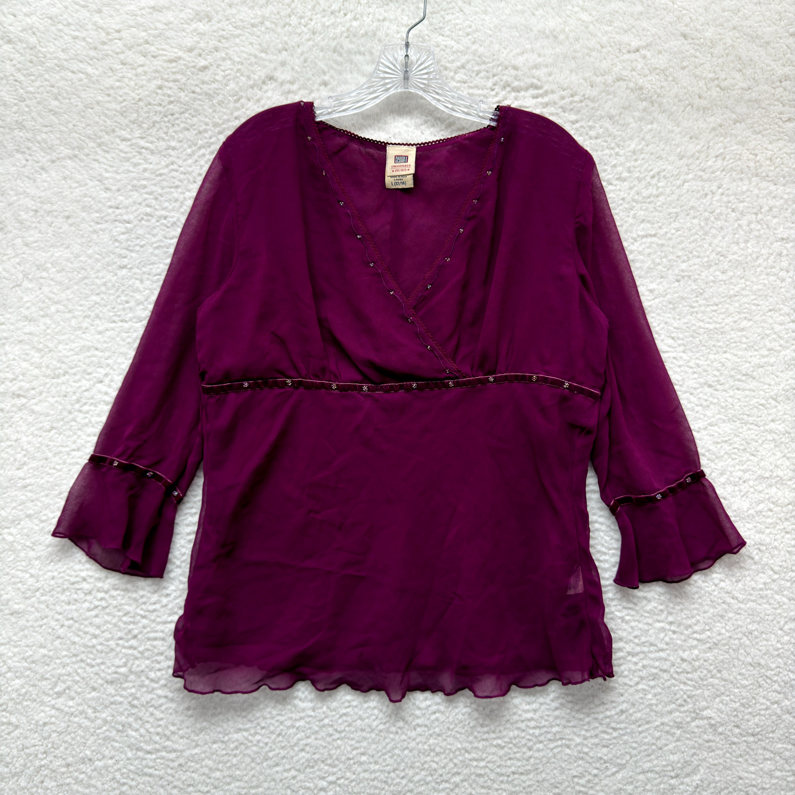 Y2K Vintage Top Large XL Purple Magenta Mesh Beaded Corpcore Office Boho Fairy