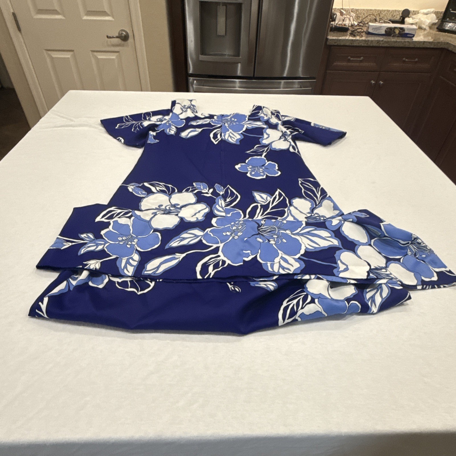 Vintage Royal Palm Made in Hawaii Blue Orchid & White Womens Muumuu Dress M/L