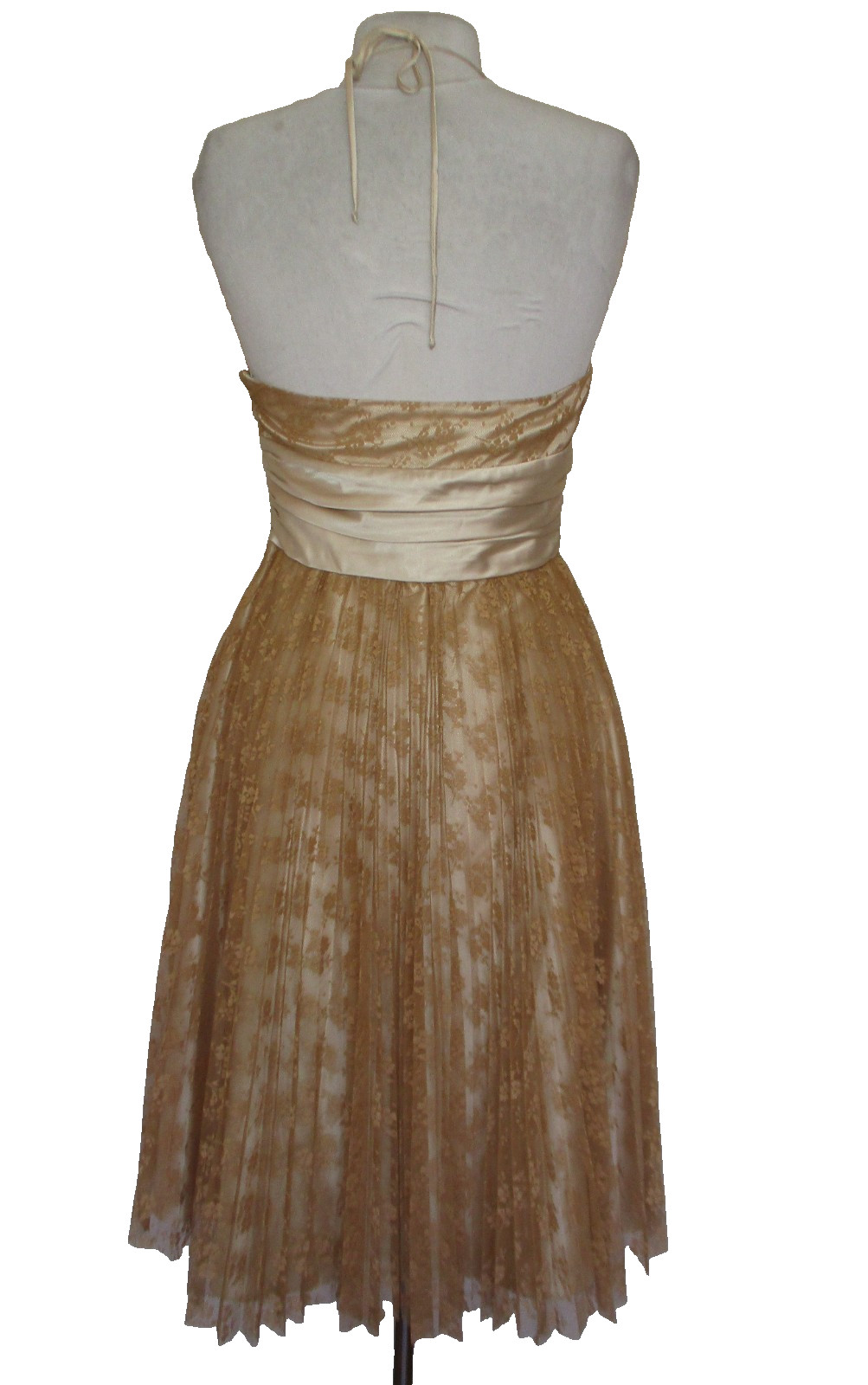 Vintage Betsey Johnson Gold Pleated Lace Halter Dress Size 6 Women
