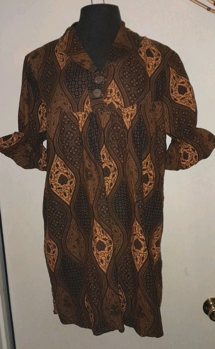 Vtg 1960s Indonesia BATIK EDY BUSANA Block Ethnic Boho Smock Shirt Dress Top L