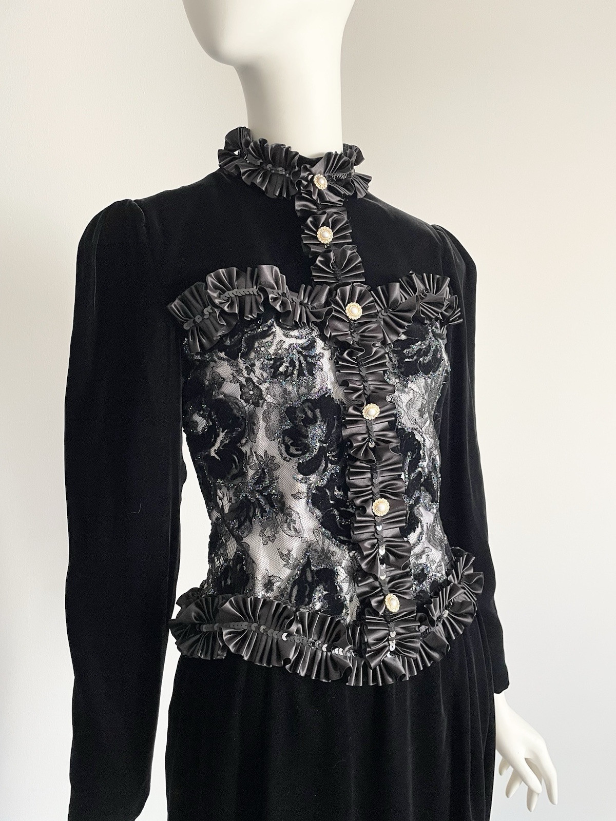 Vintage 1980s Zandra Rhodes Velvet Lace Glitter Corset Bustier Dress Ruffle