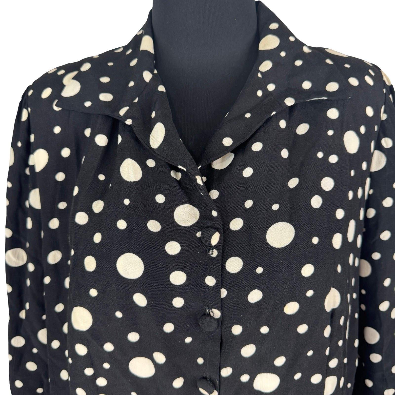 Vintage 80s Black White Polka Dot Blouse Pinup Rockabilly Peplum Retro XL 1X Top