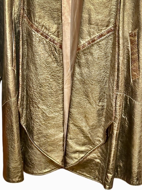 VTG 80s Kanar Gold Lame Metallic Leather Swing Coat Hollywood Glam XL / 2XL