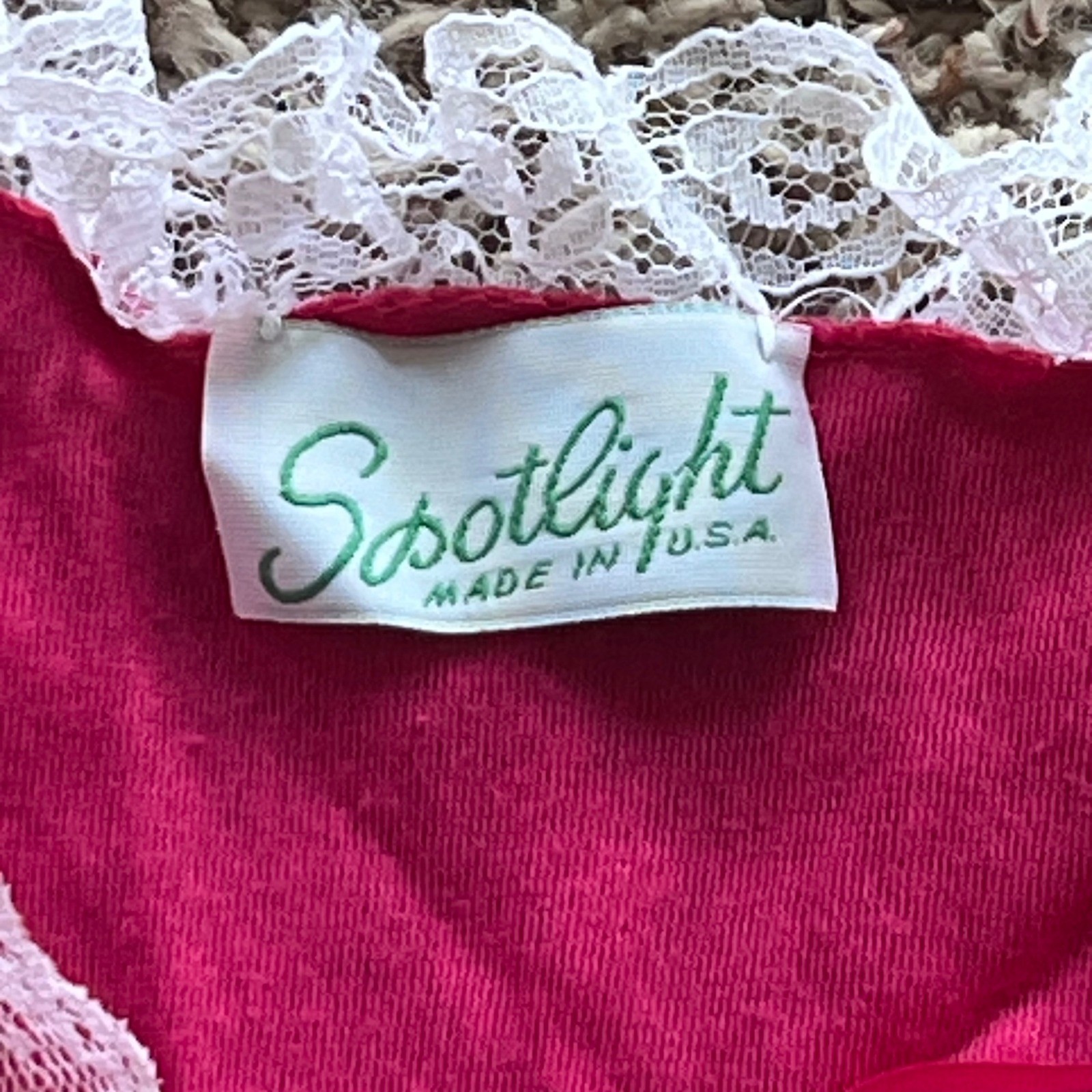 Vintage Spotlight Pink Lace Nightgown Floral Embroidered Long Sleeve USA Made