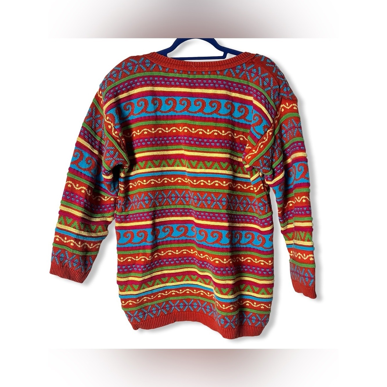 Vintage 80s Coogi Style Textured Multicolor Knit Sweater Shoulder Pads Sz M/L