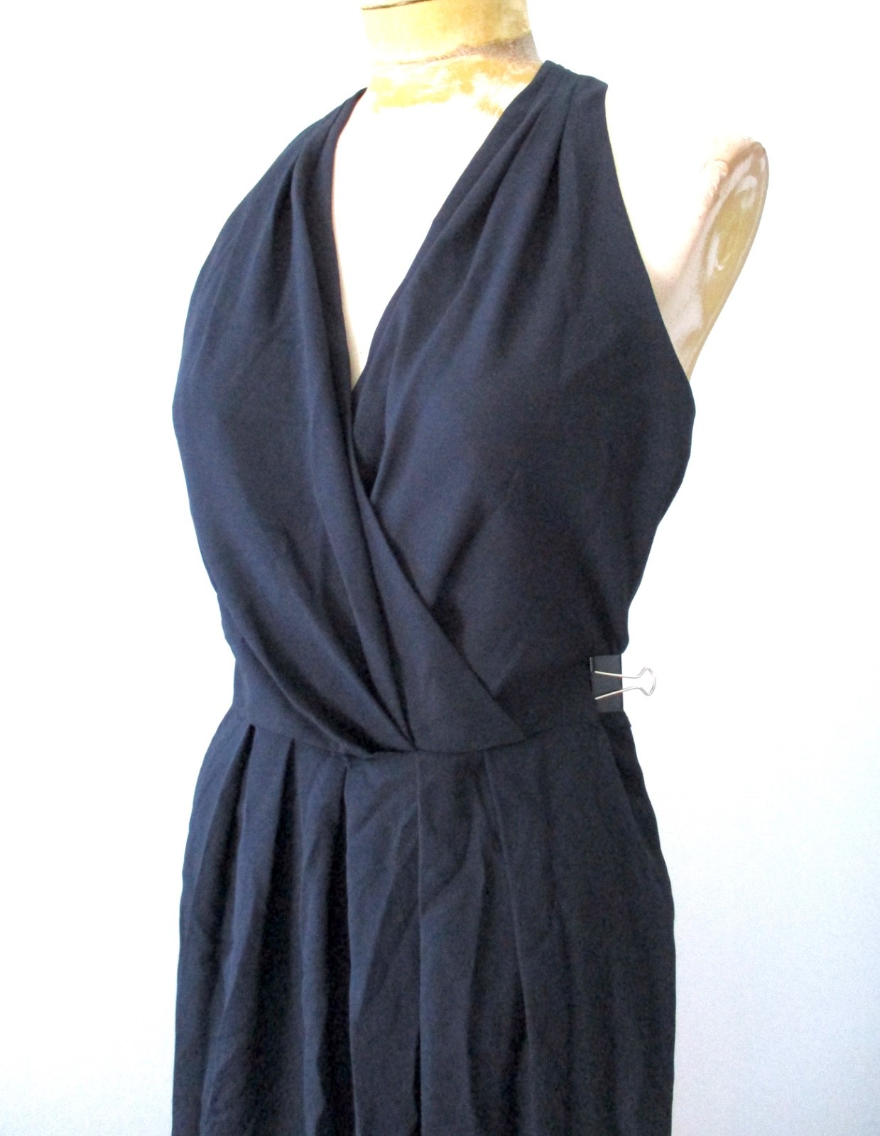 Vtg 80s navy blue crepe harem halter backless jumpsuit rhinestone buttons 12